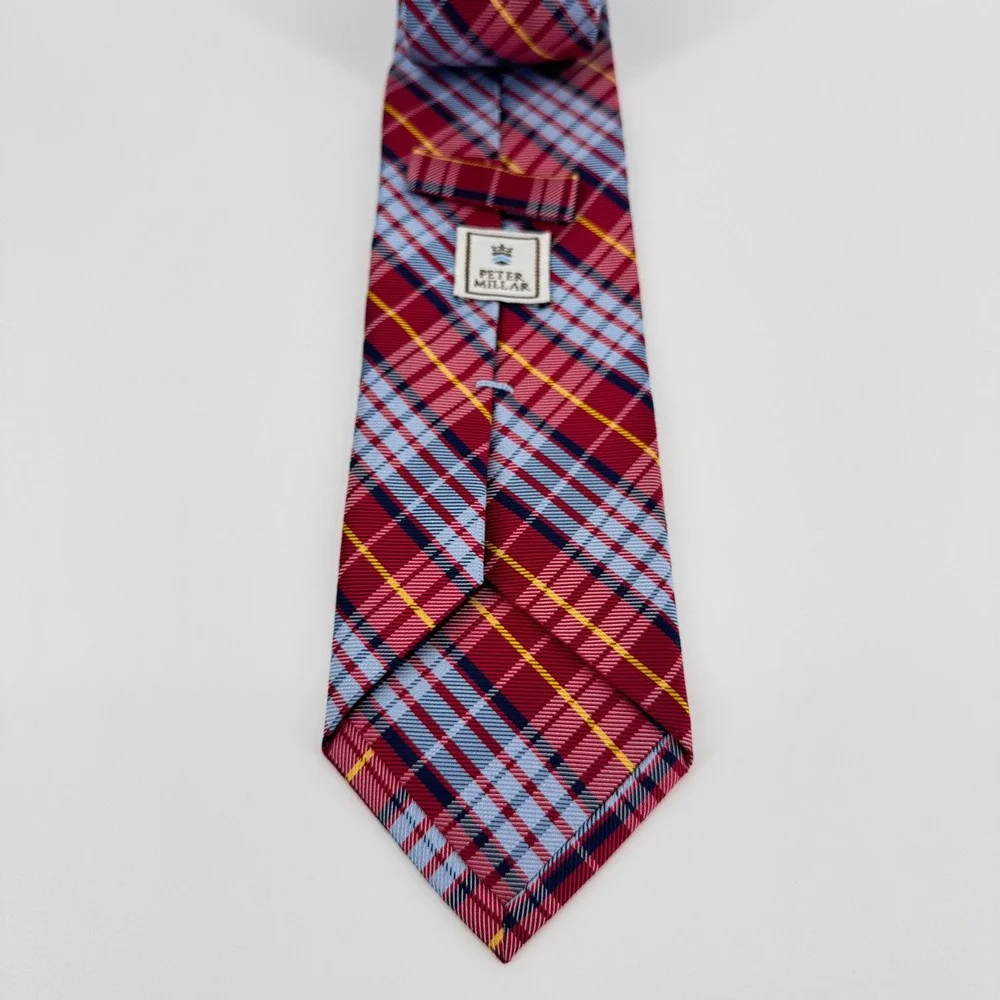 Peter Millar‎ Silk Tie Red Blue Plaid Tartan Hand Folded 100% Silk Necktie